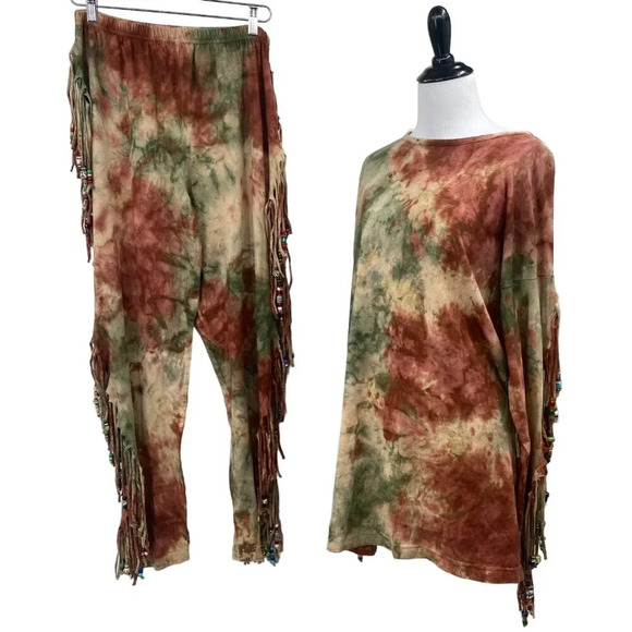 Fashion Collage Fringe Top‎ & Pull-on Pants Set OSFM Red Tie Dye Beaded Hippie - Picture 1 of 16